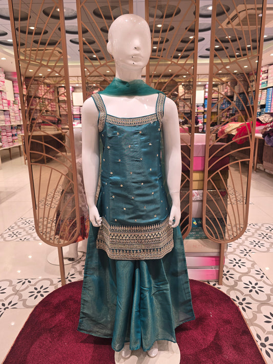 Peacock Colored Tissue Silk Sharara Set for Girls with Zari Embroidery Butta, Embroidered Neck & Net Dupatta – 3 Piece Ethnic Set