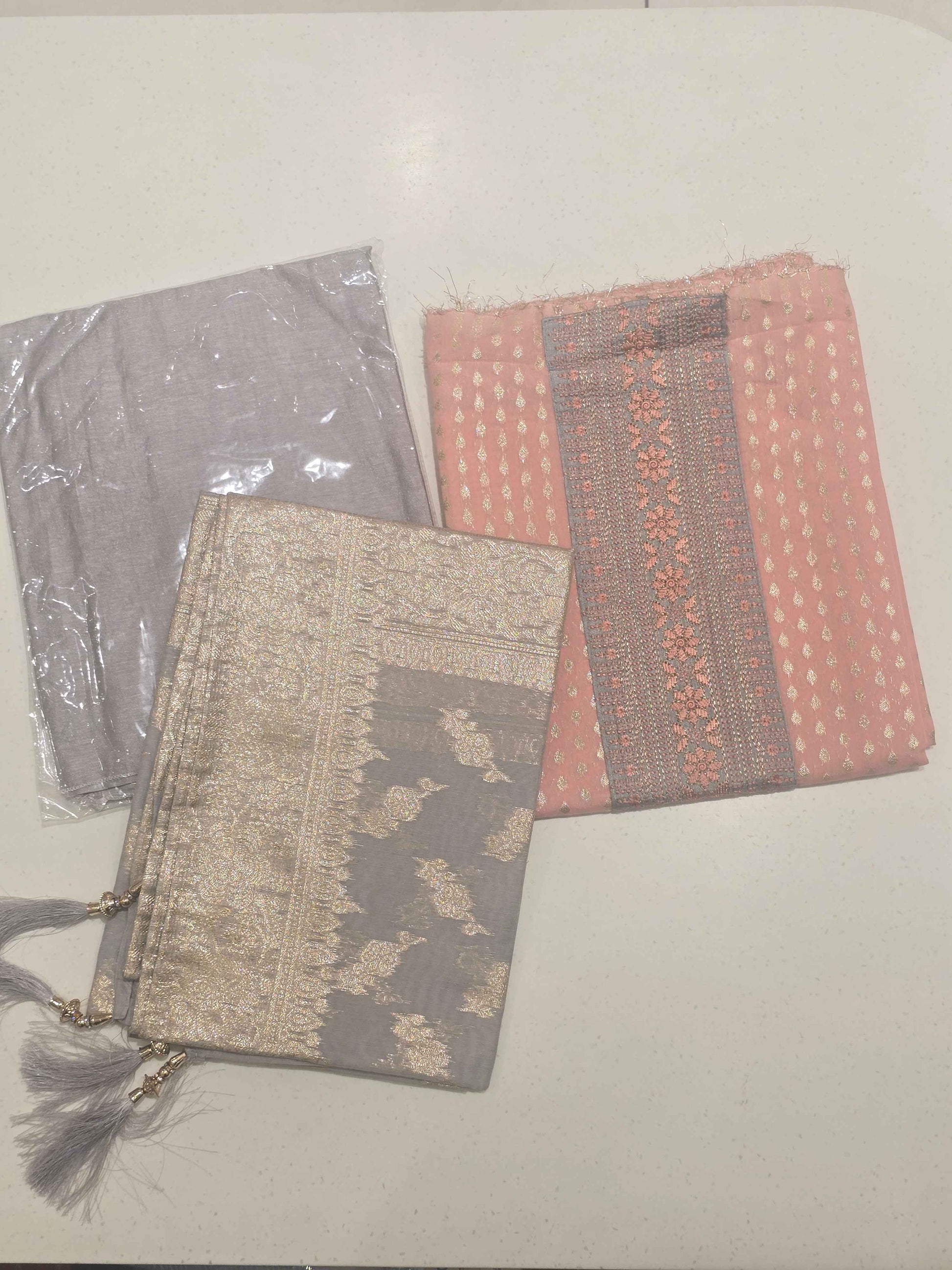 Women Peach Linen Cotton Zari Butta Dress Material Set