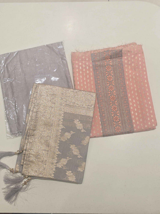 Women Peach Linen Cotton Zari Butta Dress Material Set