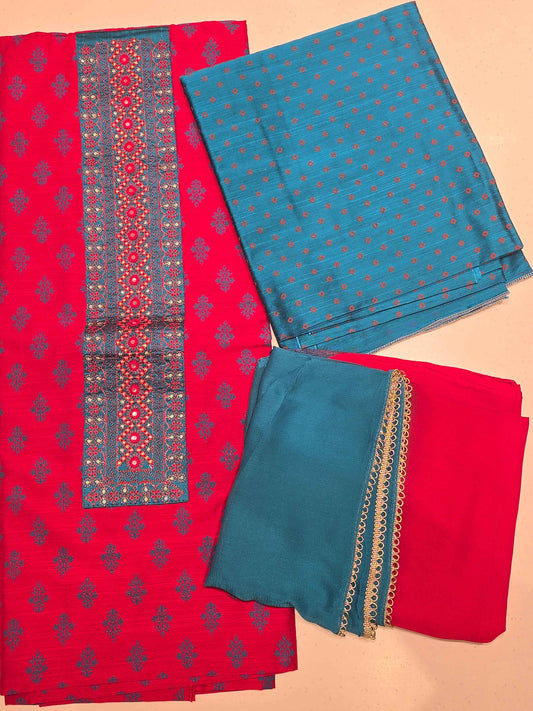 Rani Pink Semi-Cotton Unstitched Salwar Suit Dress Material Set with Digital Prints