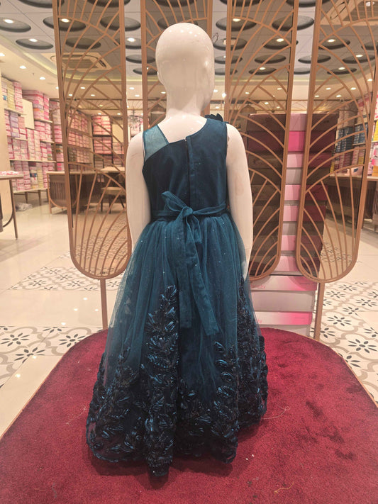 Girl Peacock Blue Glitter Knitted Western Gown