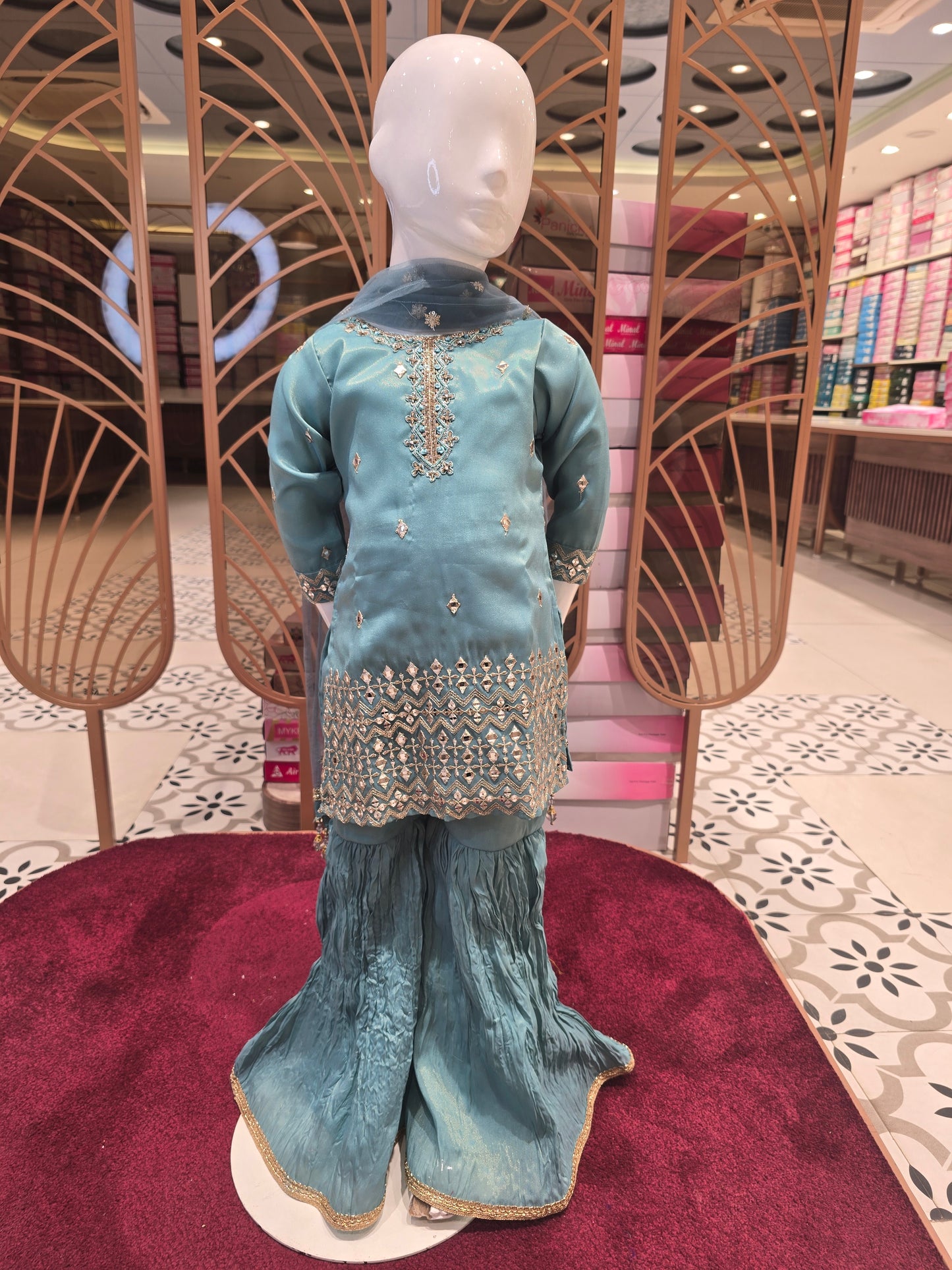 Crepe material sea green colour sharara set for girl with zari sequence work on neck & top border , ¾sleeves round neck