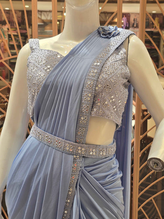 Women Sky Blue Lycra Satin Ready to Wear Saree Set