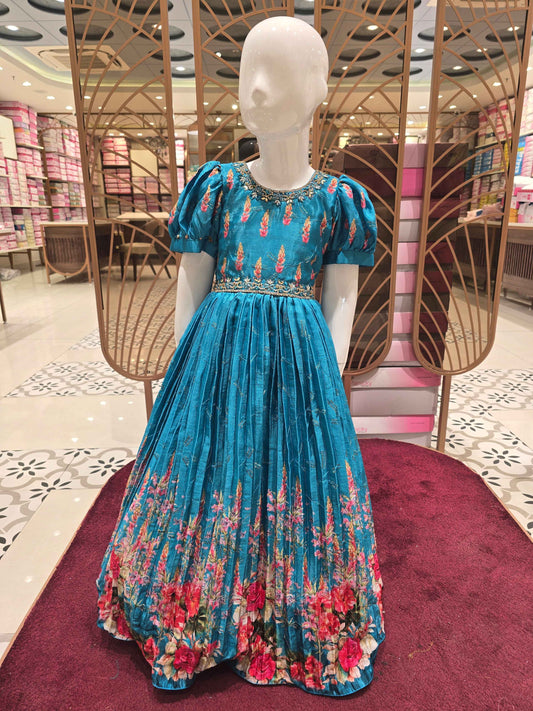 Girl Dark Aqua Blue Sequined Crepe Traditional Gown