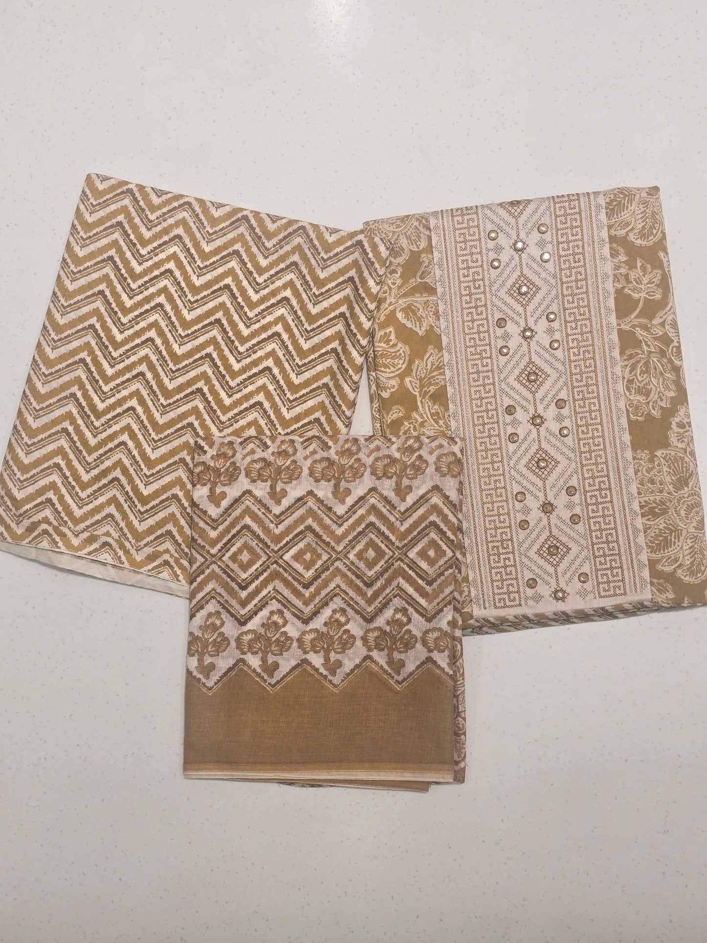 Women Mustard Semi Cotton Printed Dress Material Set