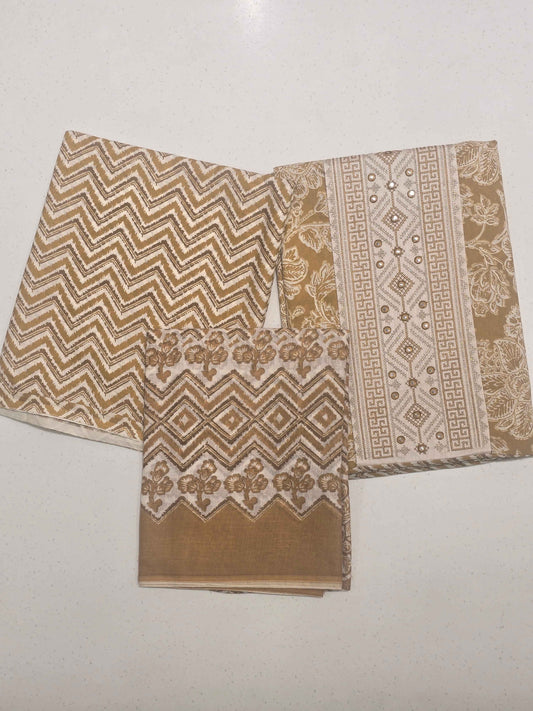 Women Mustard Semi Cotton Printed Dress Material Set