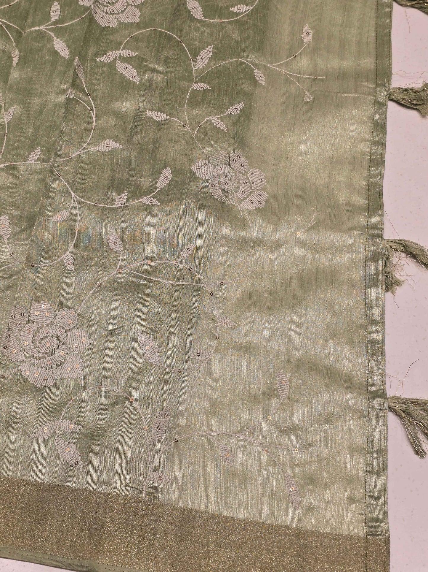 Tussar Saree with White Floral Embroidery