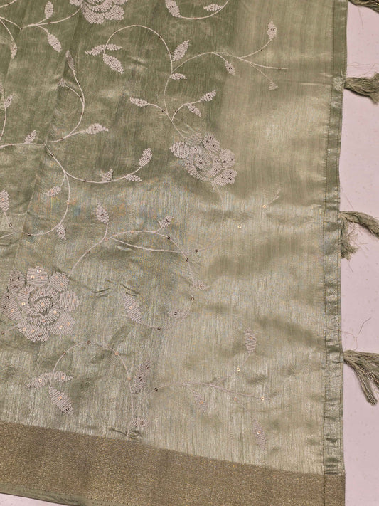 Tussar Saree with White Floral Embroidery