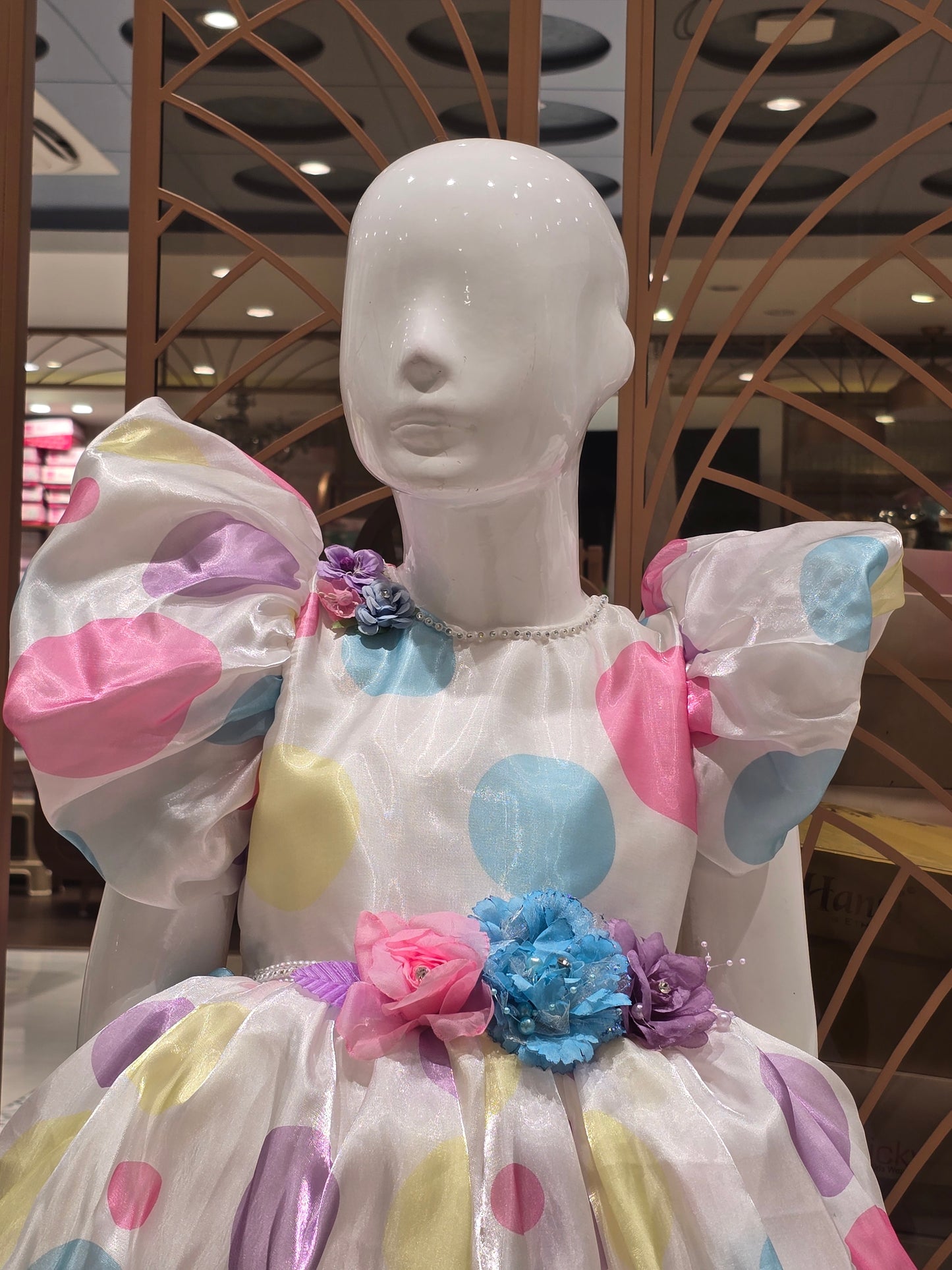 White Satin Baby Frock with Rainbow Polka Dots for Girls
