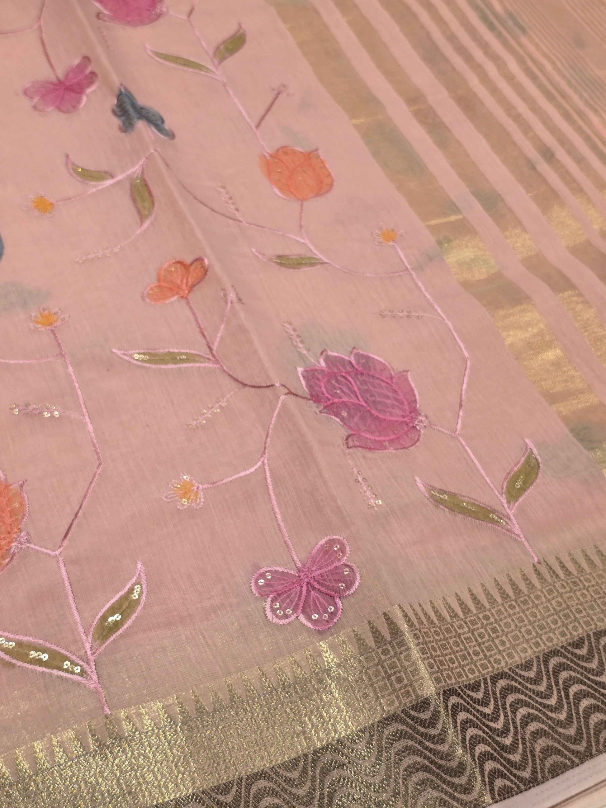 Tussar Saree with Multicolour Embroidery & Sequin