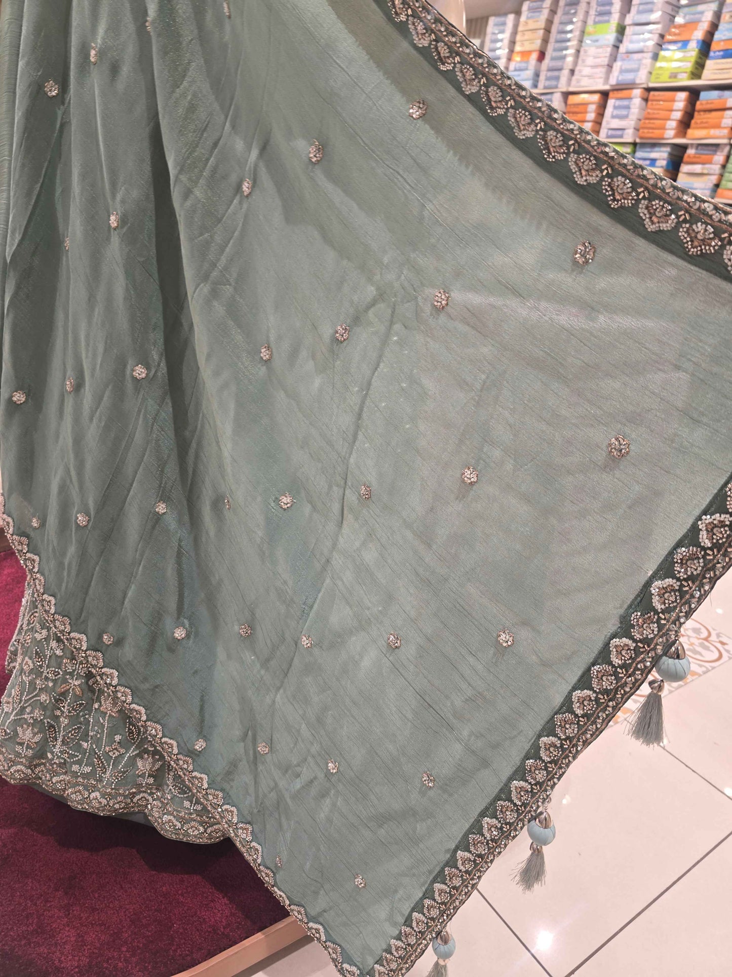 Women Pista Green Tissue Silk Bridal Lehenga Set