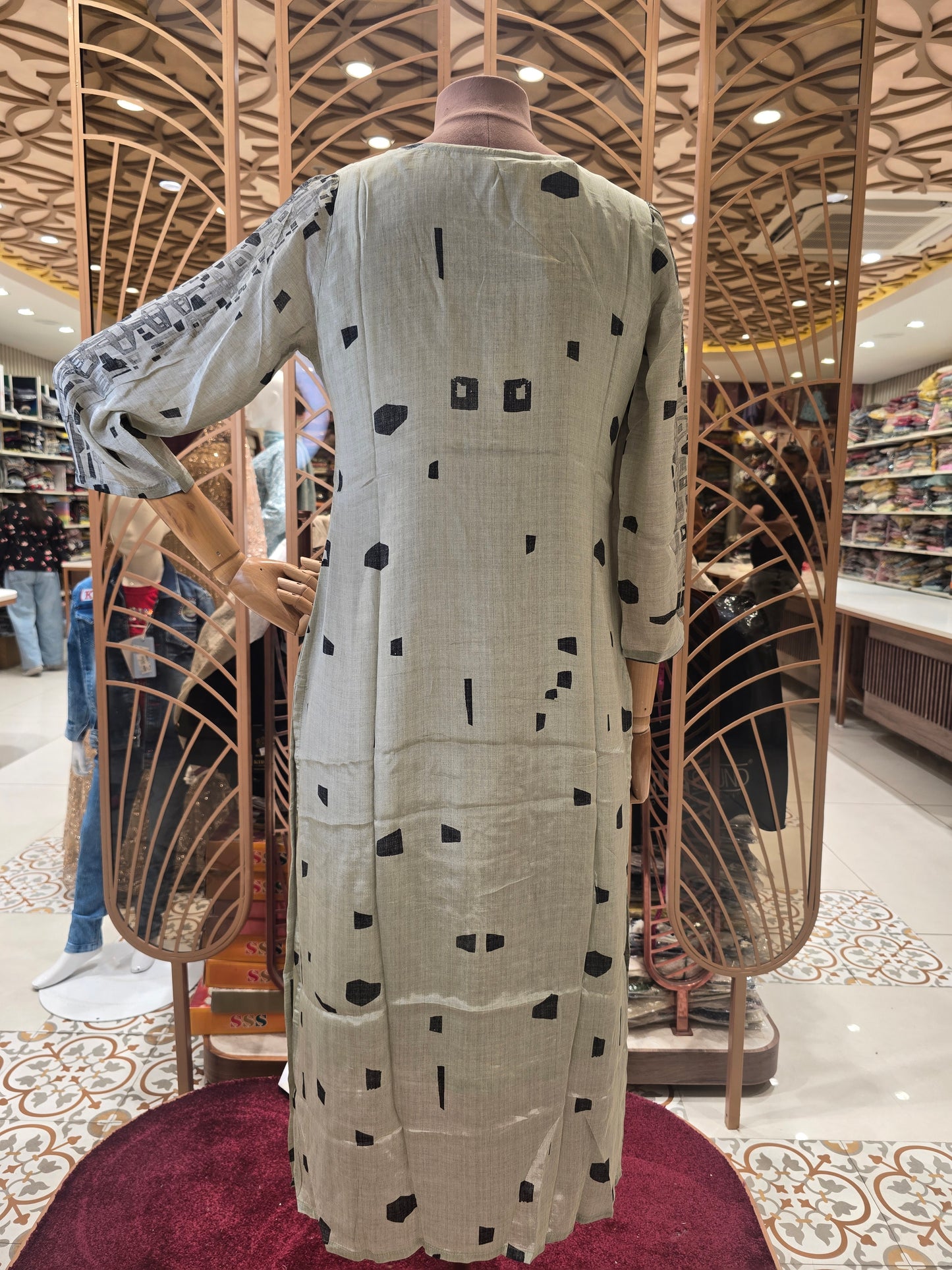 Women’s Rayon Straight Kurta in Grey with Mixed Structured Prints, Hand Work Detailing, V-Neck and ¾th Sleeves for Daily Wear