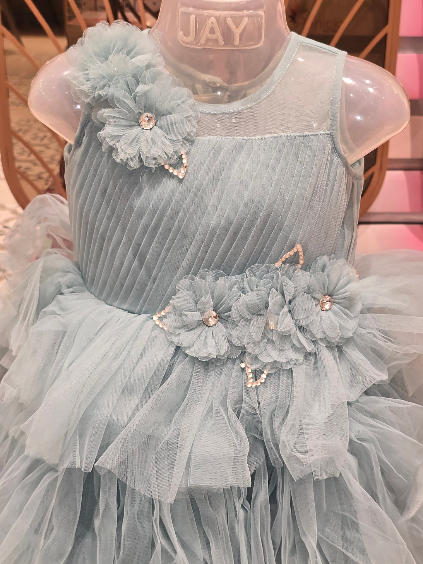 Girl Ocean Blue Knitted Stay Cut Party Gown