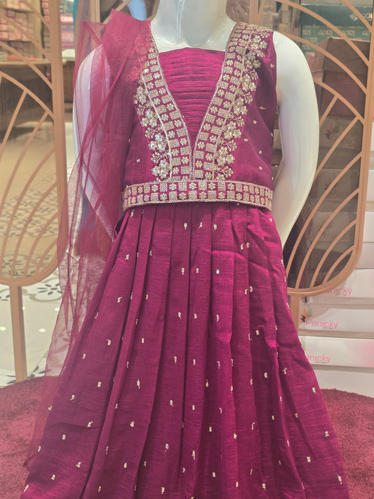 Chinon maroon colored ethnic wear with thread work and small butta for skirt with gold embroidery work for border