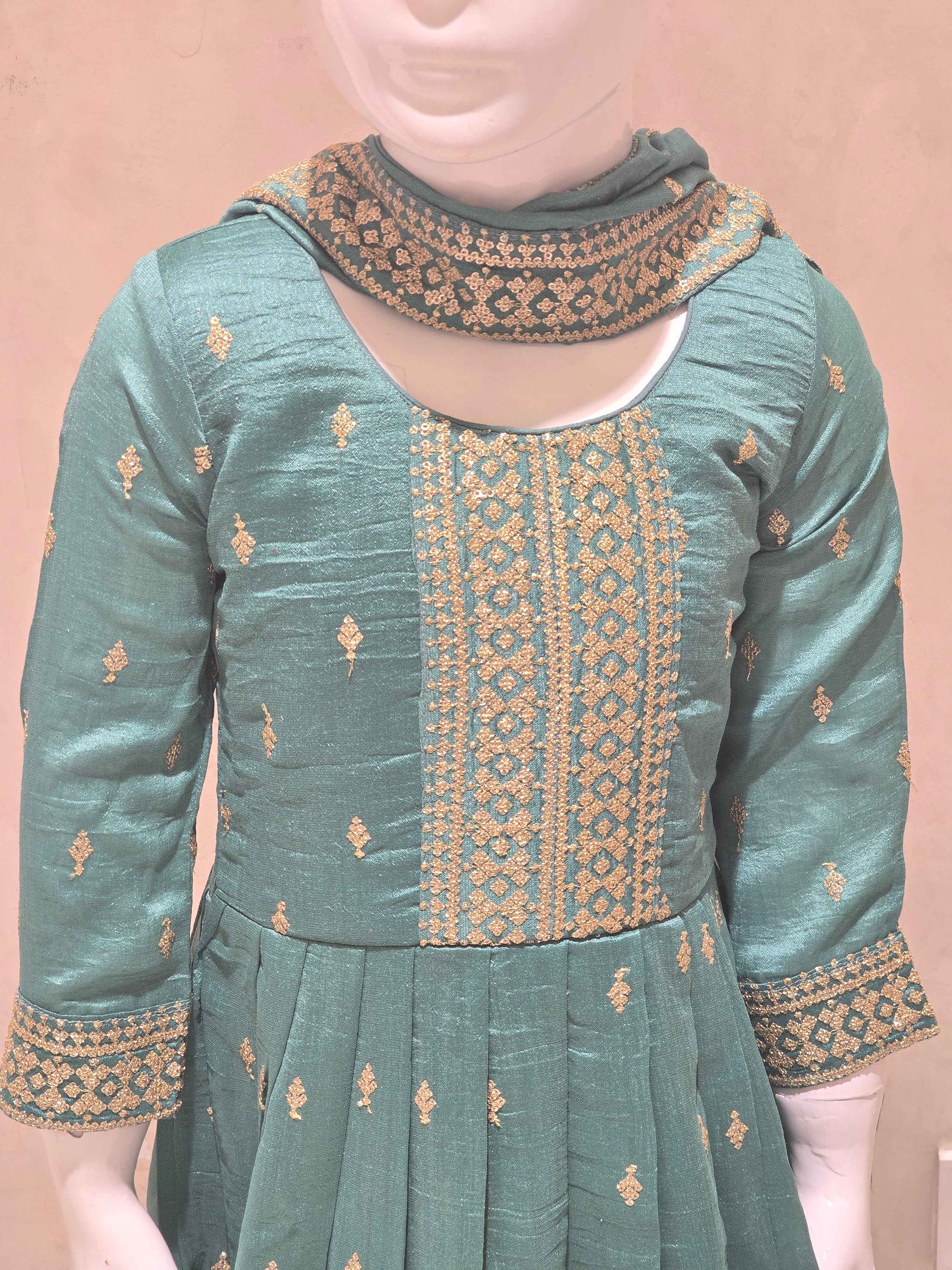 Crepe material sea green colour anarkali Kurti set with zari butta