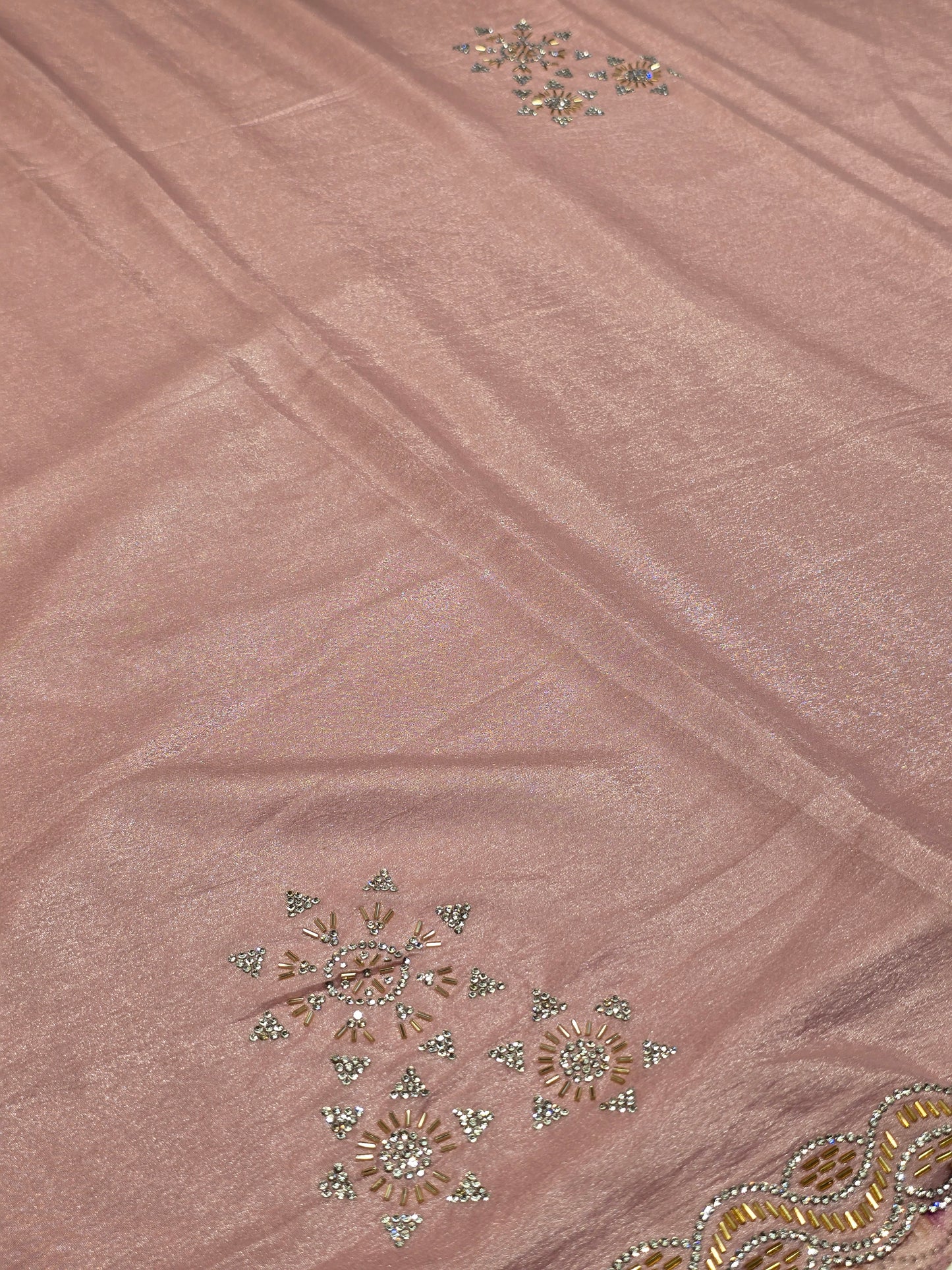 Shining Satin Saree with Stone Work & Cutwork Border – Onion Pink | Festive & Daily Wear