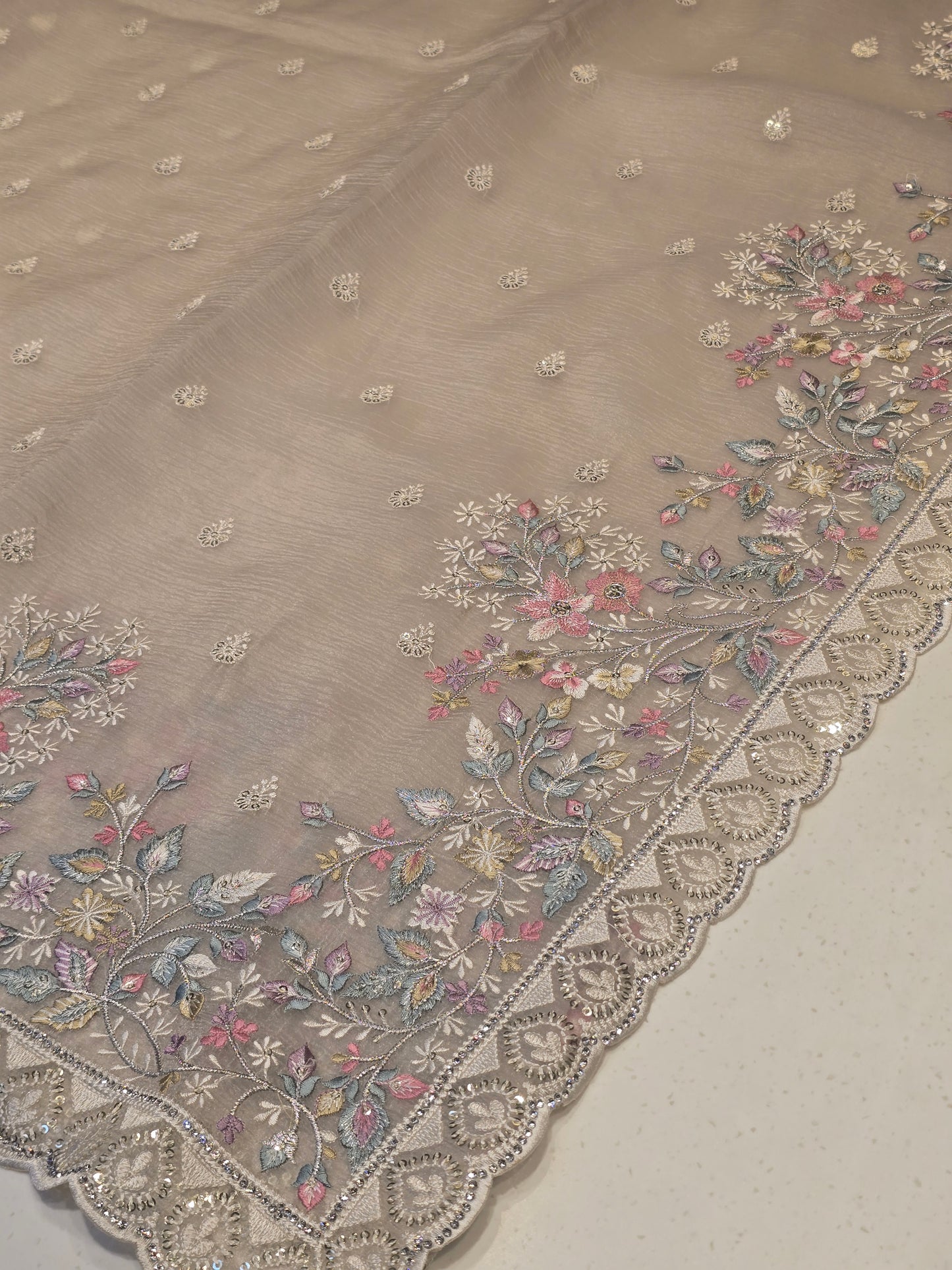 Crush Organza Saree with Multi-Colour Embroidery and Sequence Cut-Work Border | Party Wear