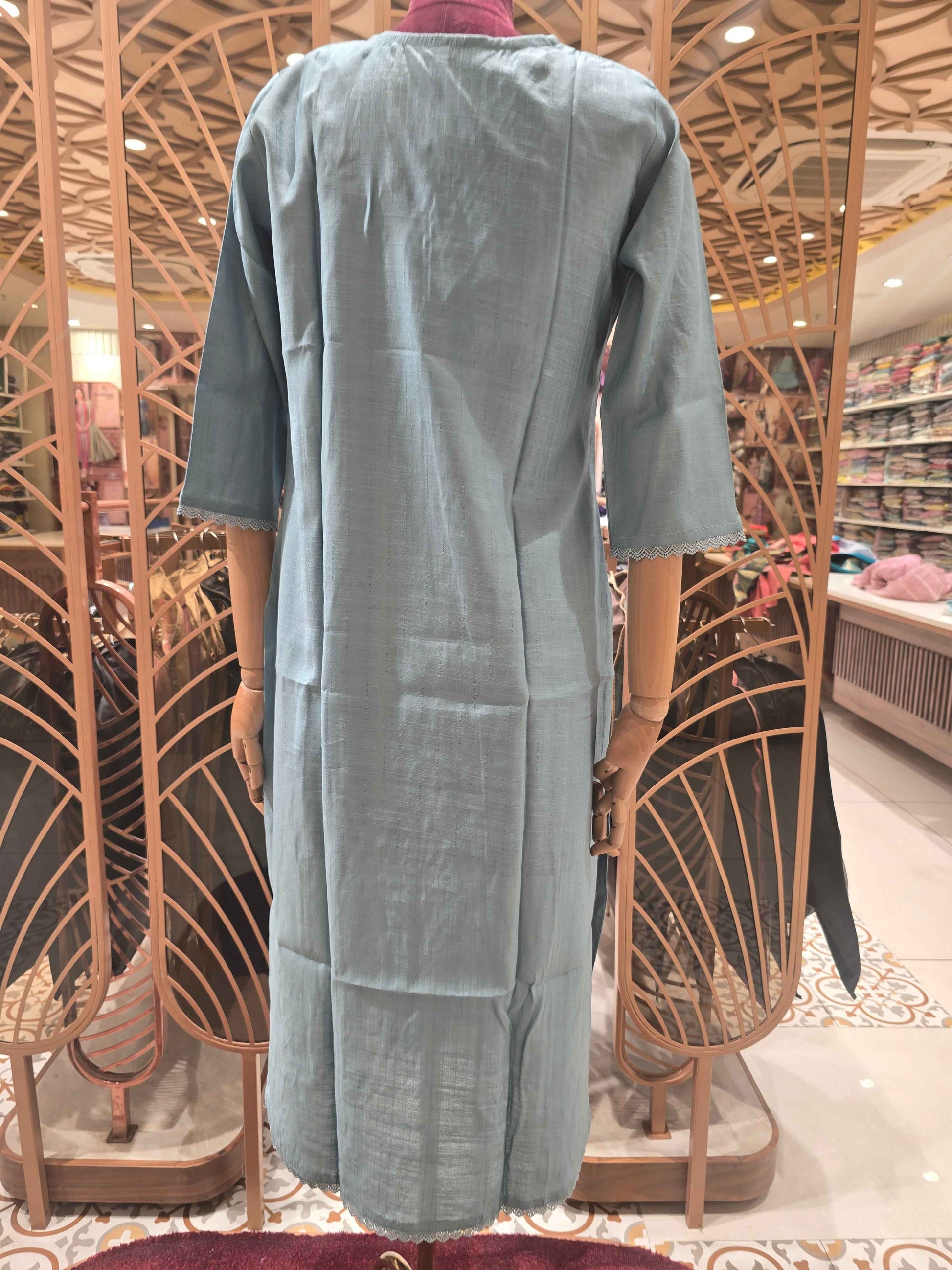 Cotton material grayish blue color kurti with floral white embroidery