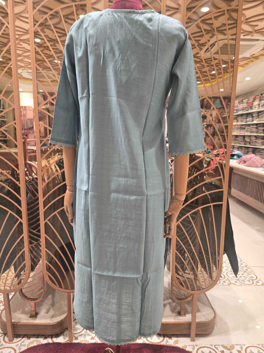Cotton material grayish blue color kurti with floral white embroidery