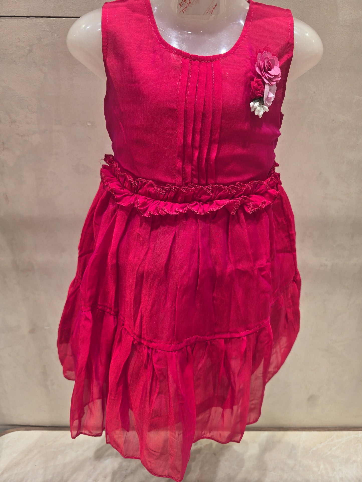 Pink Tissue Satin Short Frock with Rose Detailing (Sleeveless)