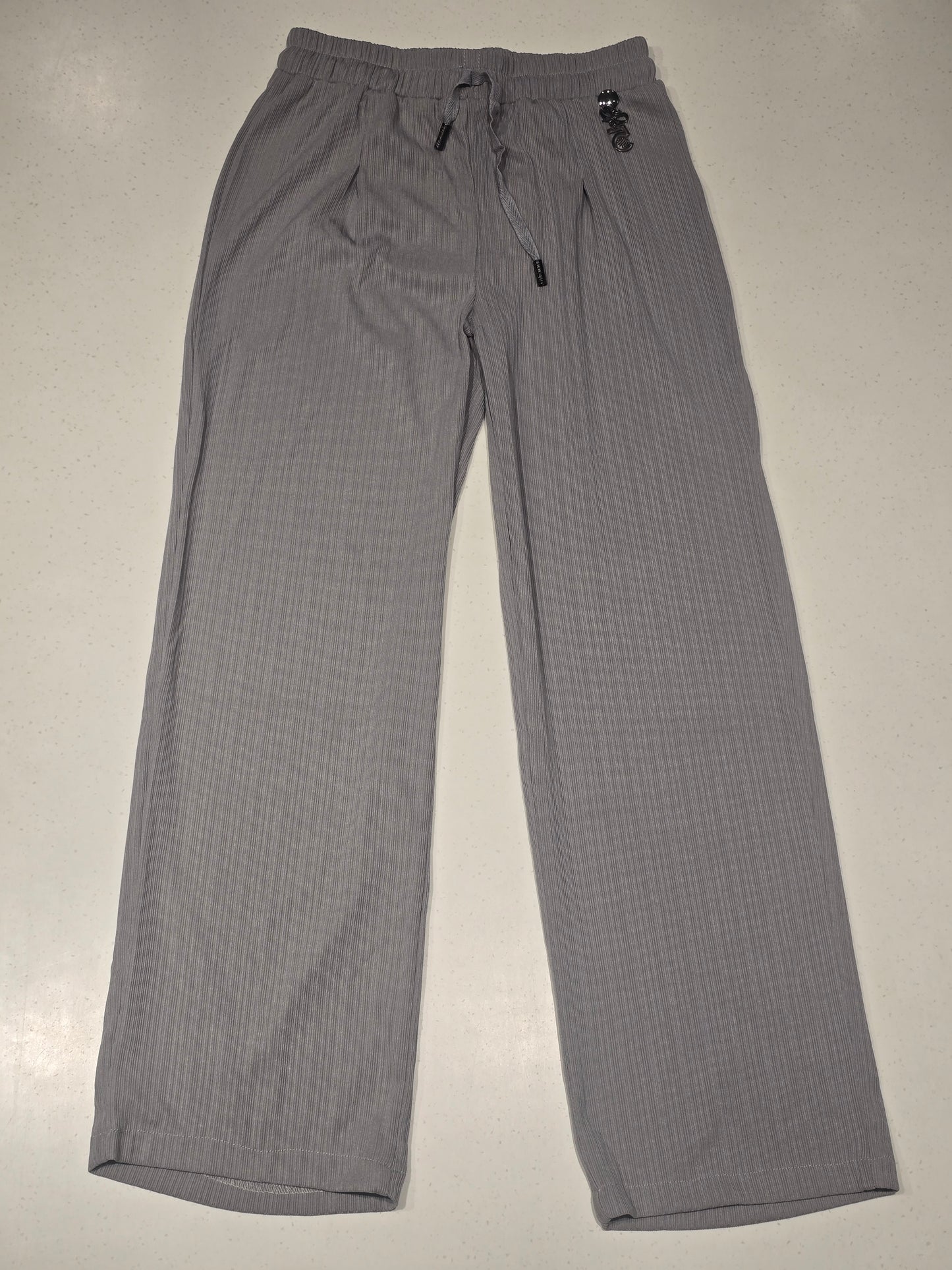 grey plisse textured trousers
