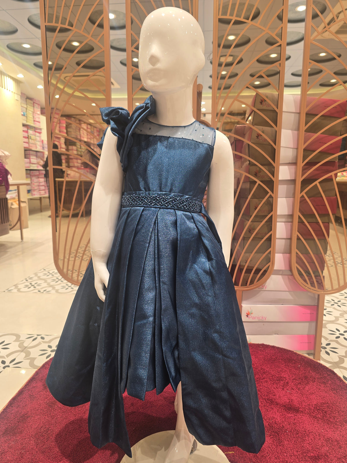 Girls Teal Blue Shimmer Tail Cut Short Frock with Rose Sleeve and Stone Waist Detail