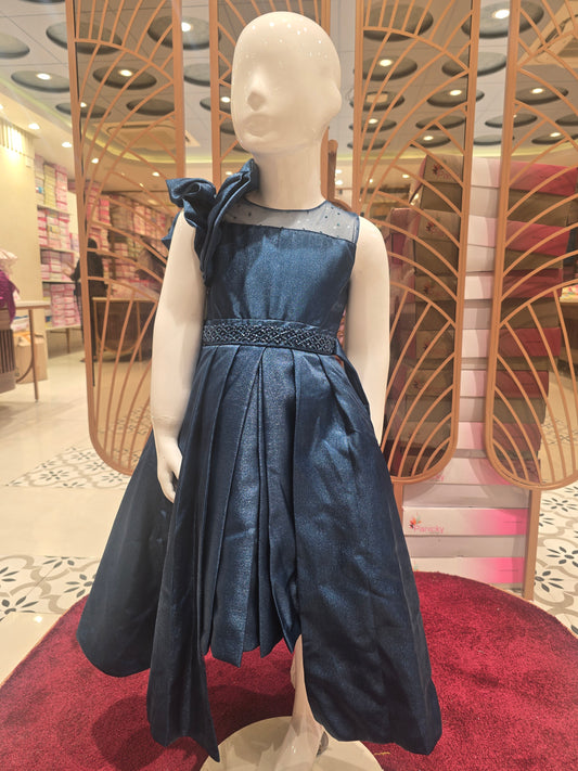 Girls Teal Blue Shimmer Tail Cut Short Frock with Rose Sleeve and Stone Waist Detail