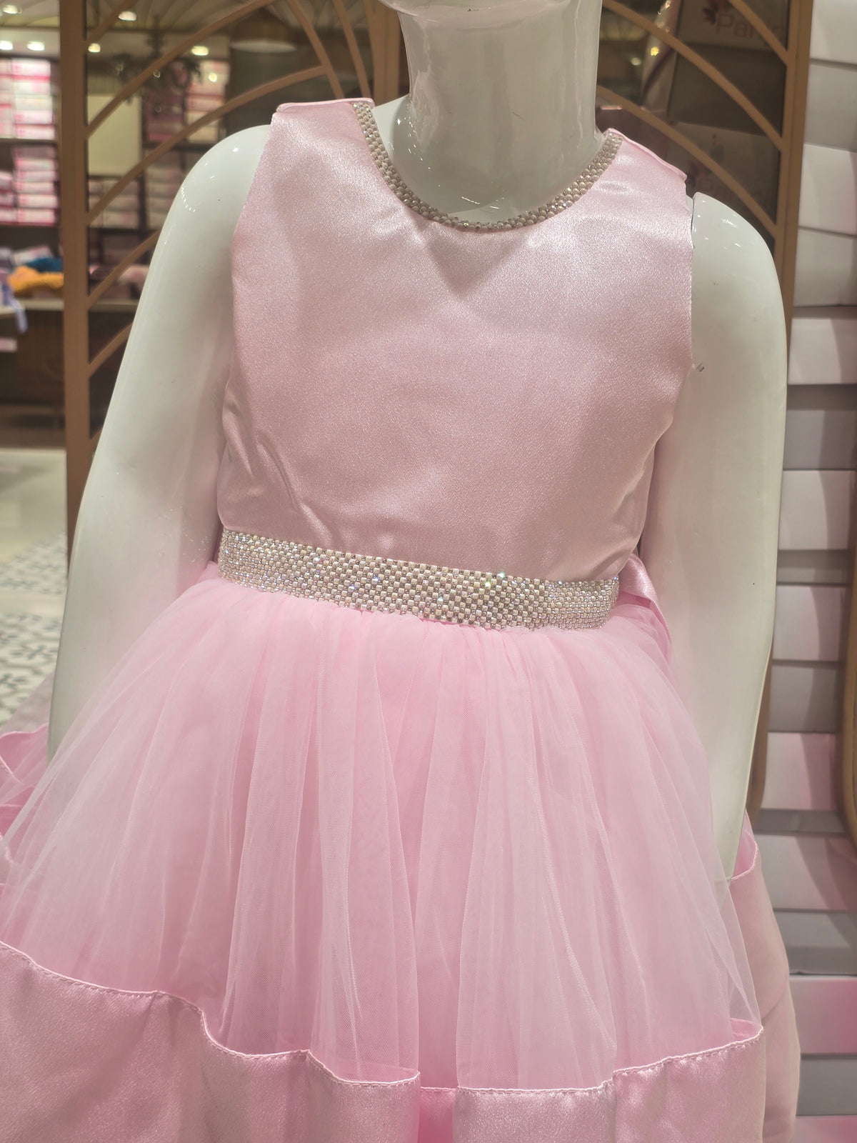Girls Baby Pink Knitted Short Frock with Stone Waist Detail