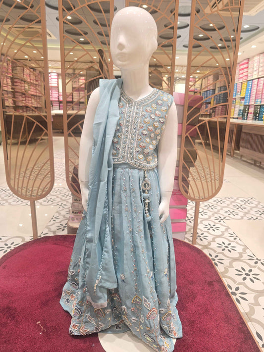Georgette Material blue colour gaghra set with beats work