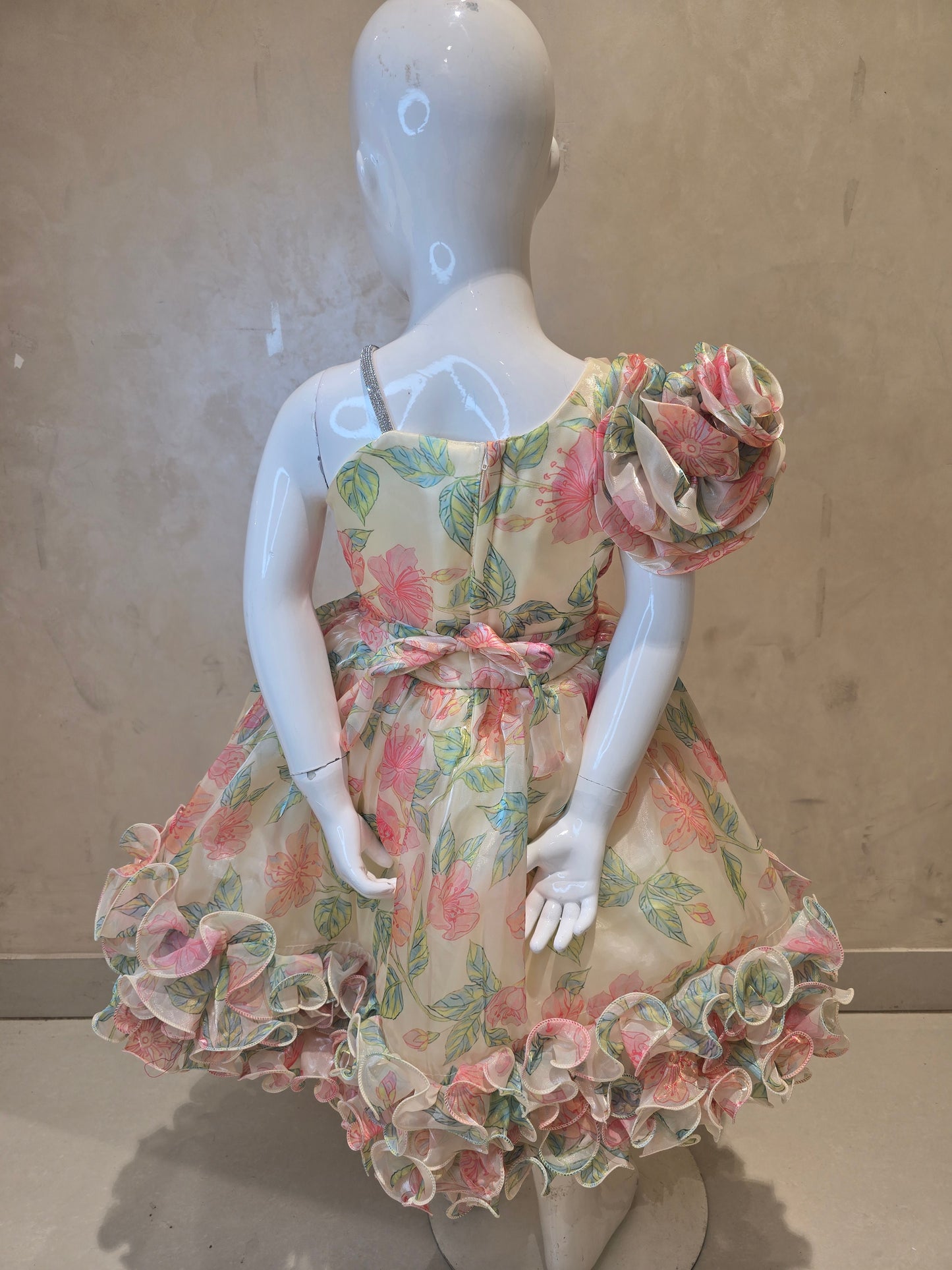 Girls Printed Tissue Satin Party Wear Short Frock with Floral Prints, Pleated Bottom, Asymmetric Sleeve Design and Waist Belt for Special Occasions