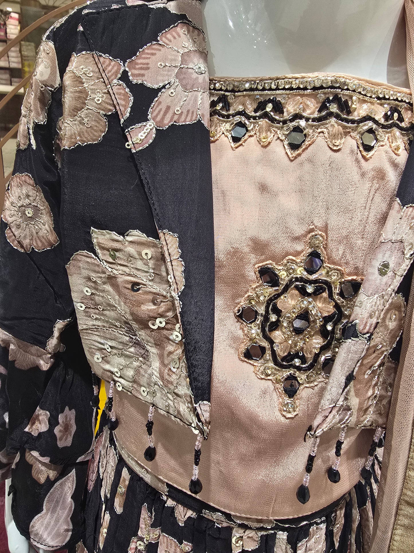 Printed Crepe Ghagra Choli with Silver Zari Embroidery & Bell Sleeves (3-Piece Party Wear Set)