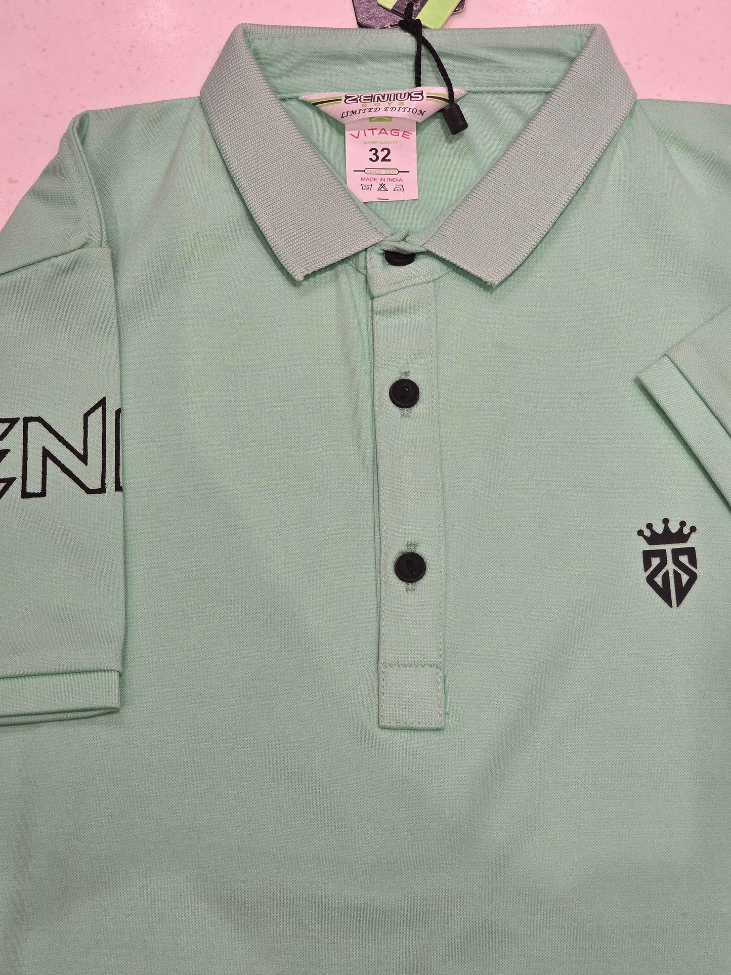 Imported Material sea green color tshirt for boy with colar neck