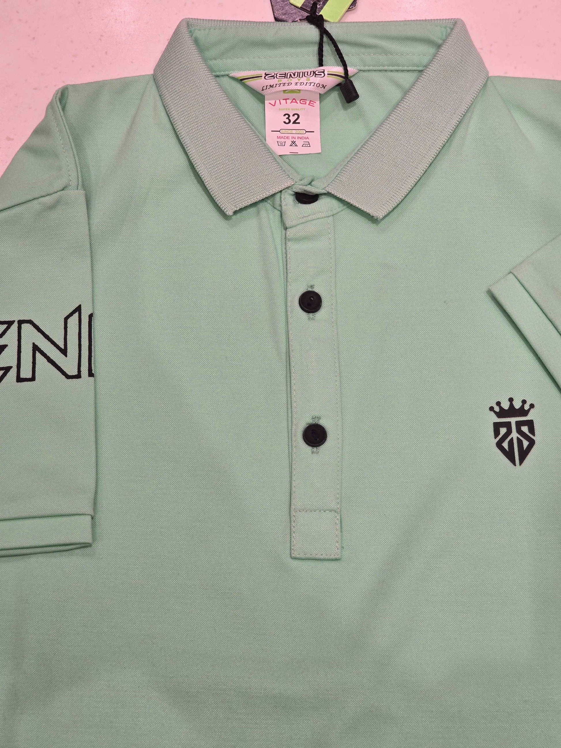Imported Material sea green color tshirt for boy with colar neck