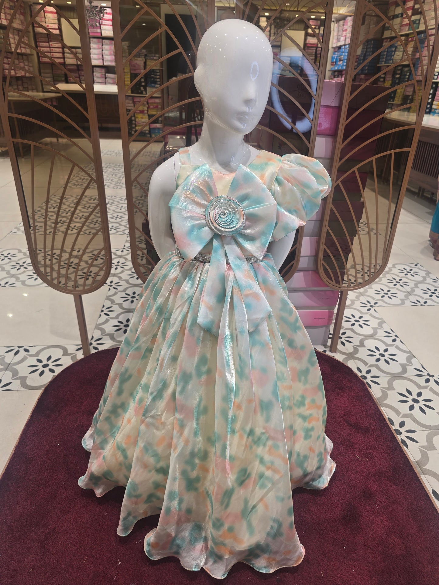 Multicolor Printed Organza Party Wear Gown for Girls with Asymmetrical Sleeves, Floral Front Design and Stone Belt