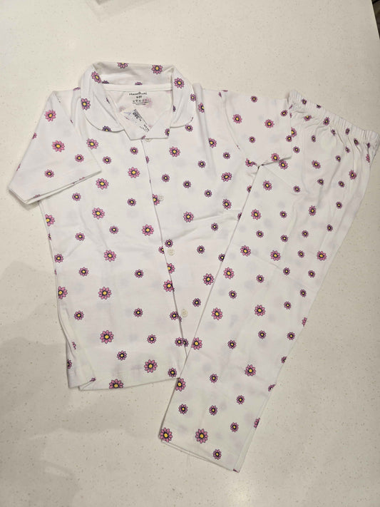 Boys White Cotton Floral Pajama Set with Purple Flower Print