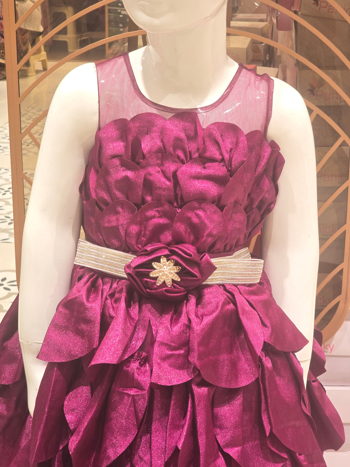 Girls Wine Color Shining Crepe Tail Cut Short Frock with Rose Top and Leafy Skirt Design