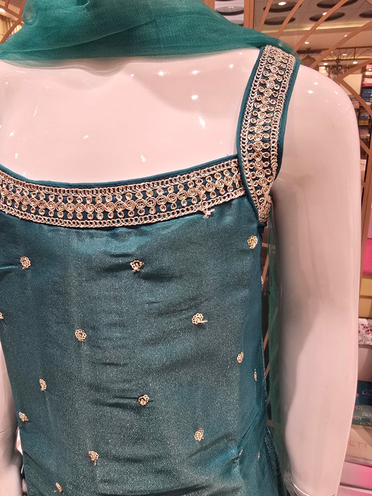 Peacock Colored Tissue Silk Sharara Set for Girls with Zari Embroidery Butta, Embroidered Neck & Net Dupatta – 3 Piece Ethnic Set