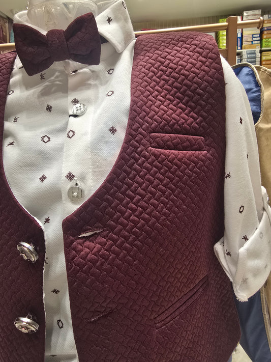 Boys Imported Lycra Cotton 3 Piece Set in Marron with Half Coat Pocket Design, Printed White Shirt and Straight Cut Pant for Party and Occasion Wear