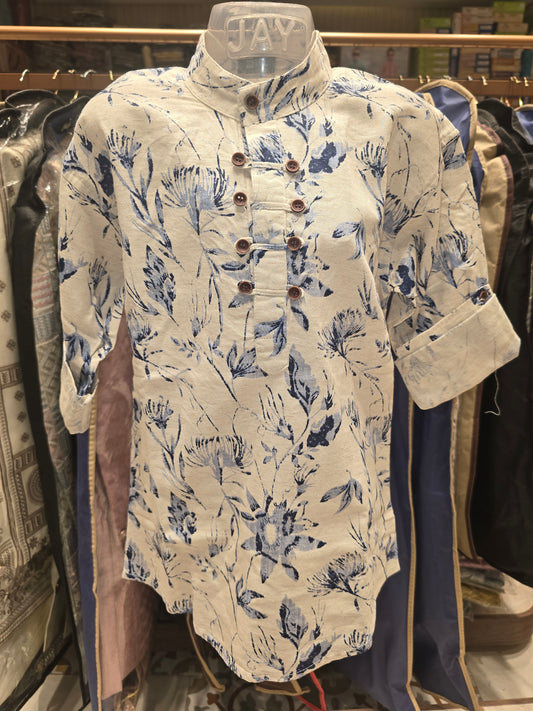 Boys Cream Cotton Short Kurta with Blue Floral Print and Foldable Sleeves