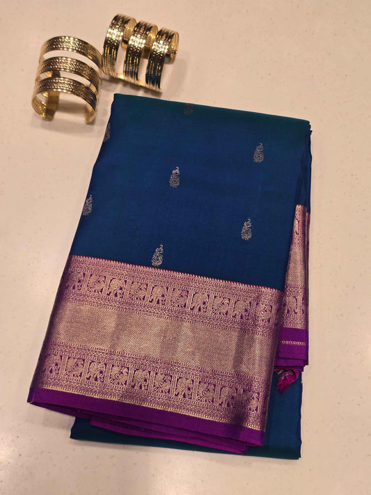 Peacock Blue Pure Handloom Kanjivaram Silk Saree
