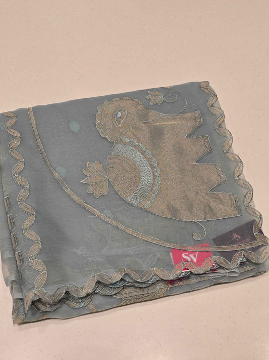 Sky Blue Organza Saree with Elephant Design