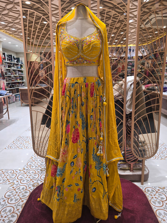 Mustard Silk Banarasi Lehenga with Floral Design & Handwork | V-Neck Crop Blouse & Banarasi Dupatta