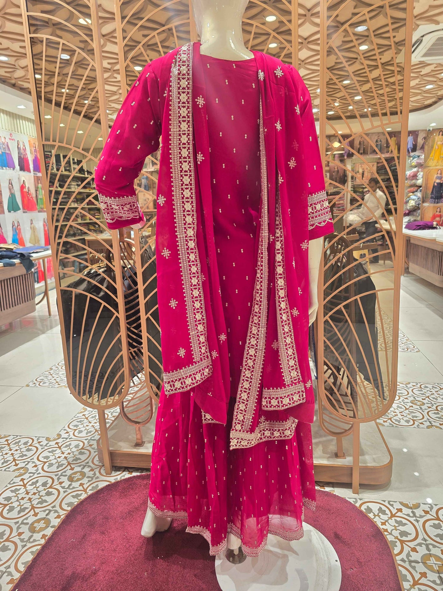 Georgette Material Rani pink colour sharara set with white embroidery and sequin work