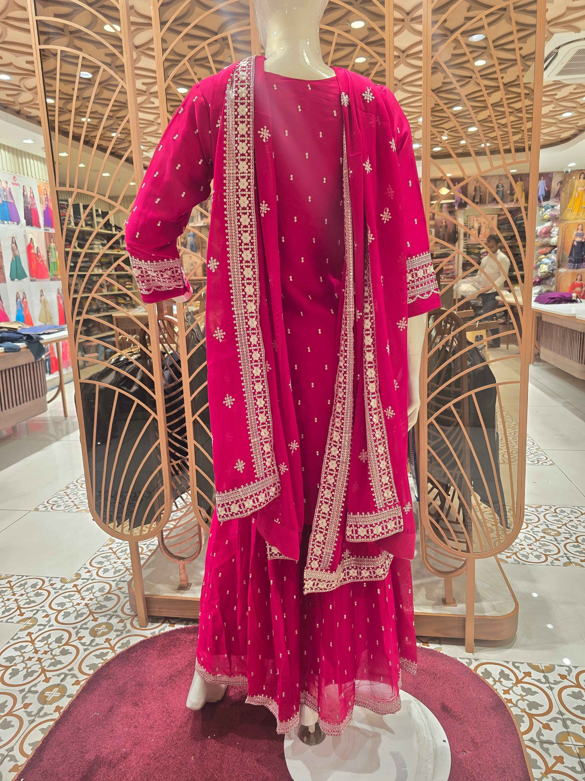 Georgette Material Rani pink colour sharara set with white embroidery and sequin work