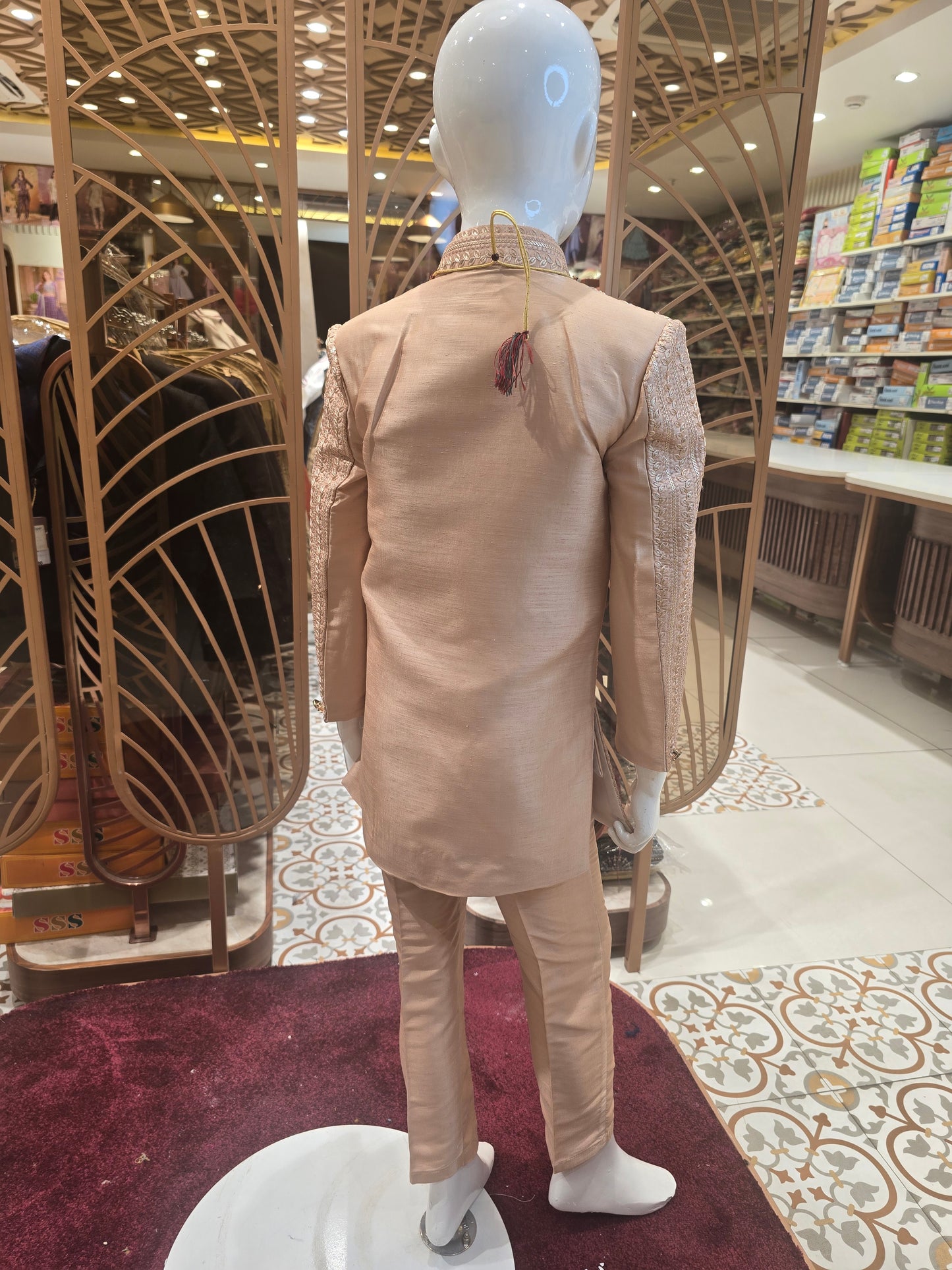 Peach Colored Silk Junior Ethnic Indo-Western with Leaf Line Embroidery & Silver Zari – 3 Layer Maala