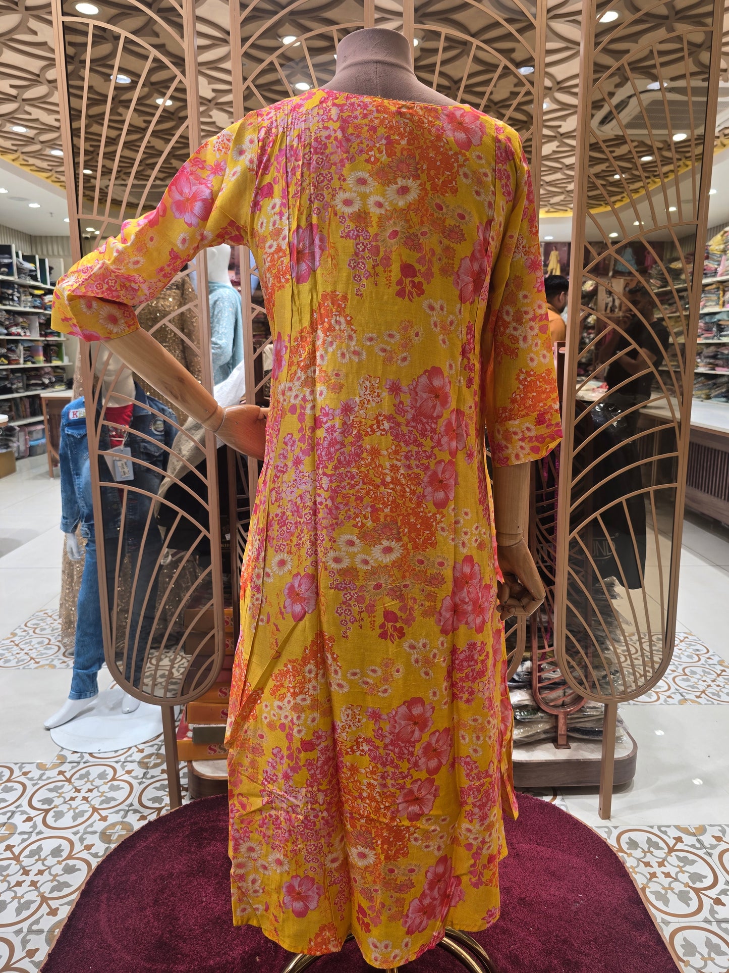 Women’s Rayon Straight Kurta with Floral Printed Design and Hand Work, Collar Neck and ¾th Sleeves for Daily Wear