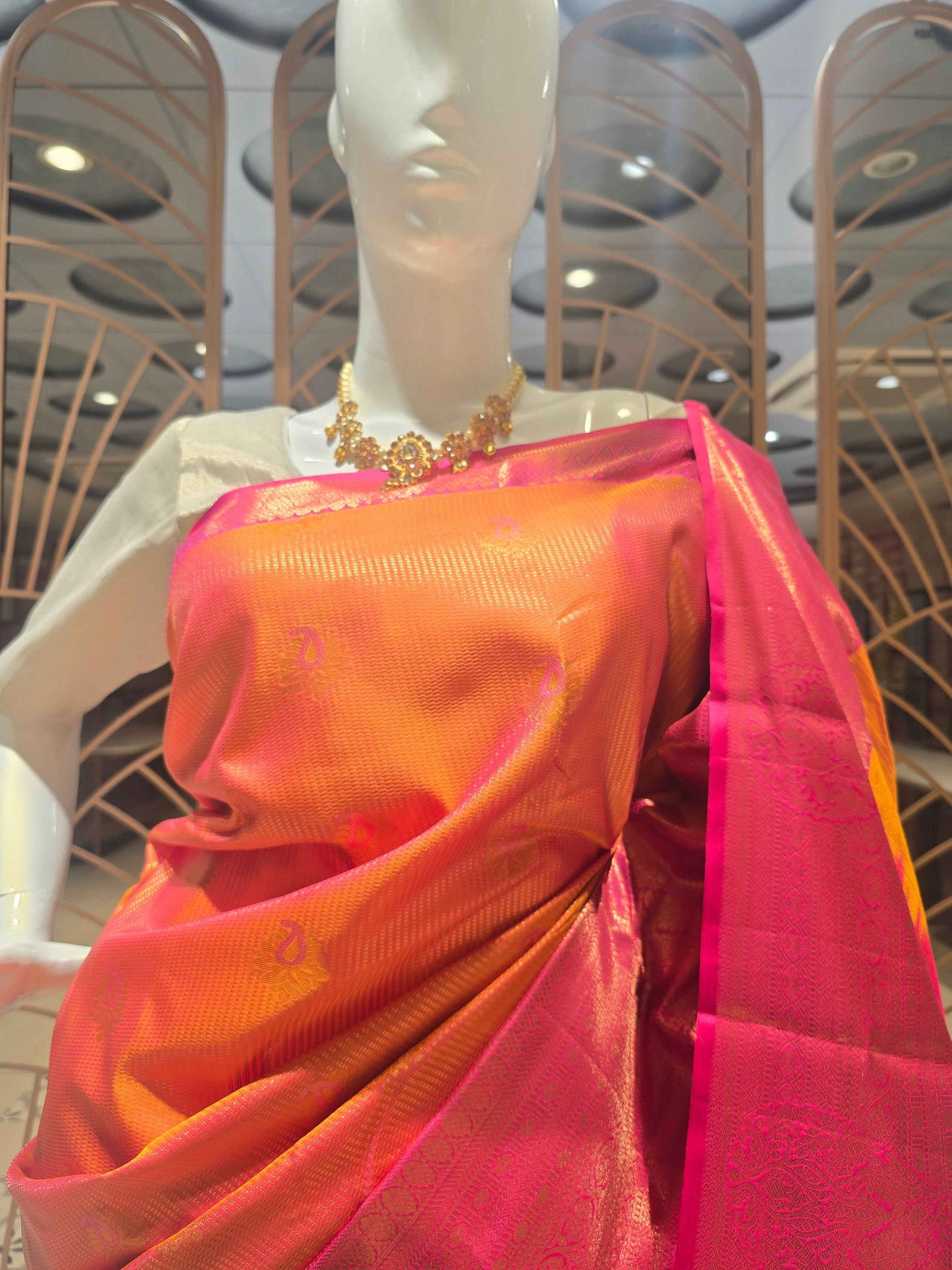 Semi kanjivaram silk saree , double strips wifh mango motifs and rich pallu