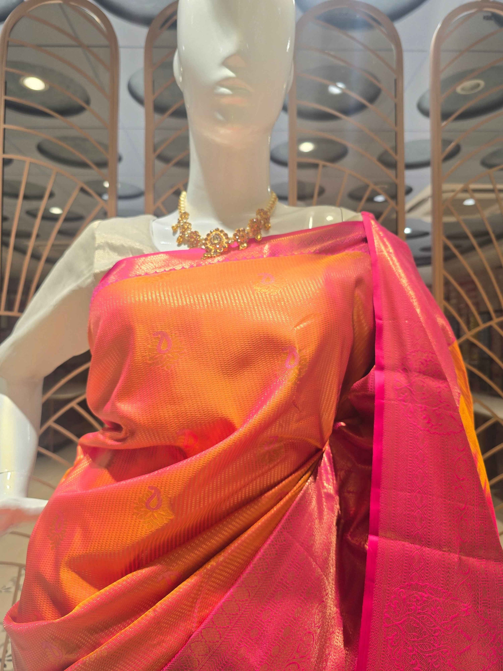 Semi kanjivaram silk saree , double strips wifh mango motifs and rich pallu