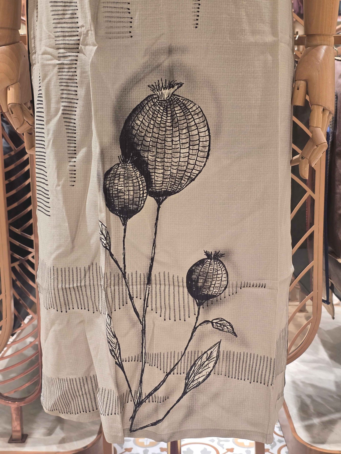 Lenin material beige color with balck prints kurti top with round neck