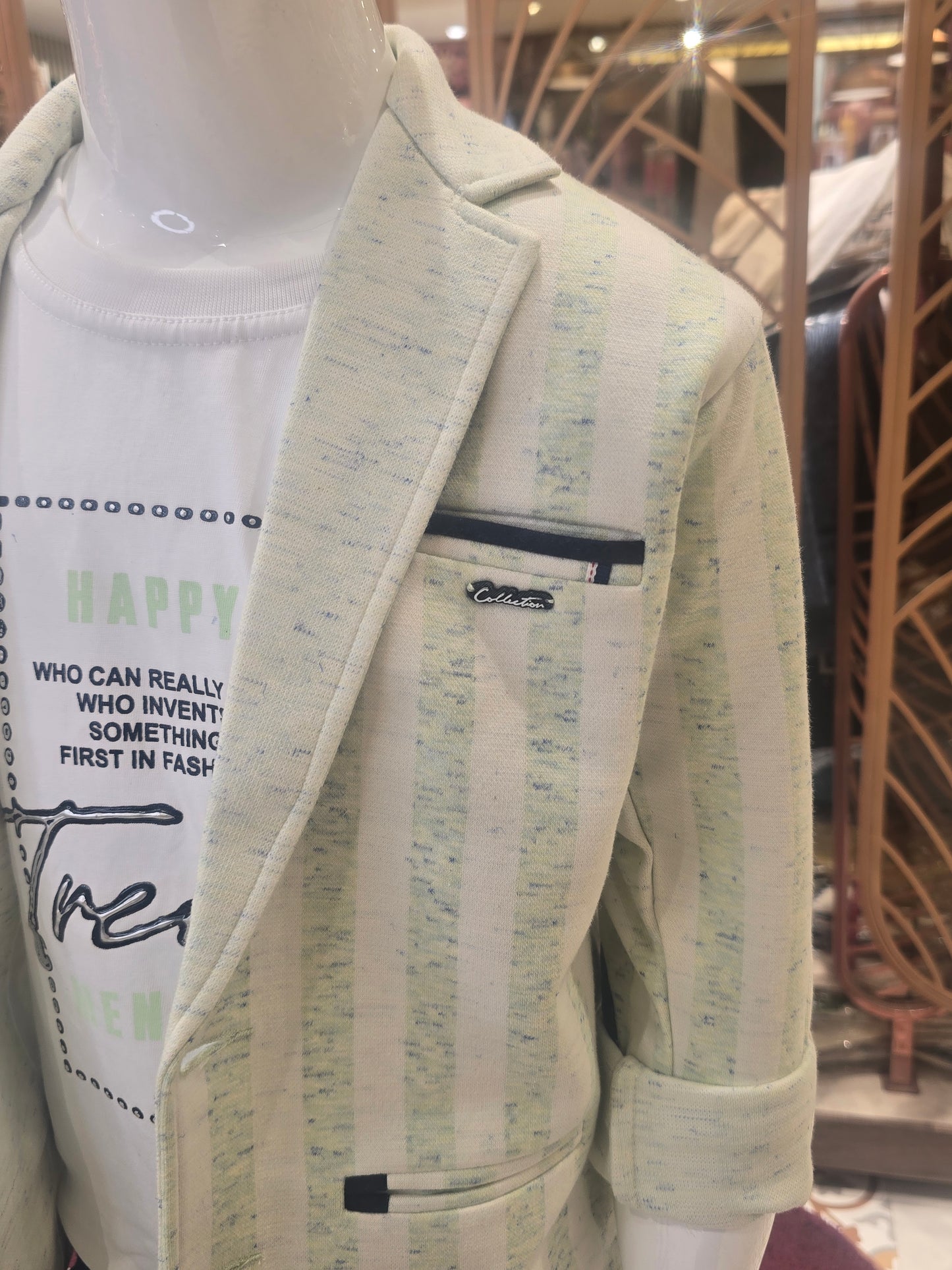 Boys Lycra Cotton 3 Piece Summer Wear Set in Sea Green and White Script Print with Blazer Pocket Design, Printed T-Shirt and Blue Denim Jeans for Casual and Party Wear